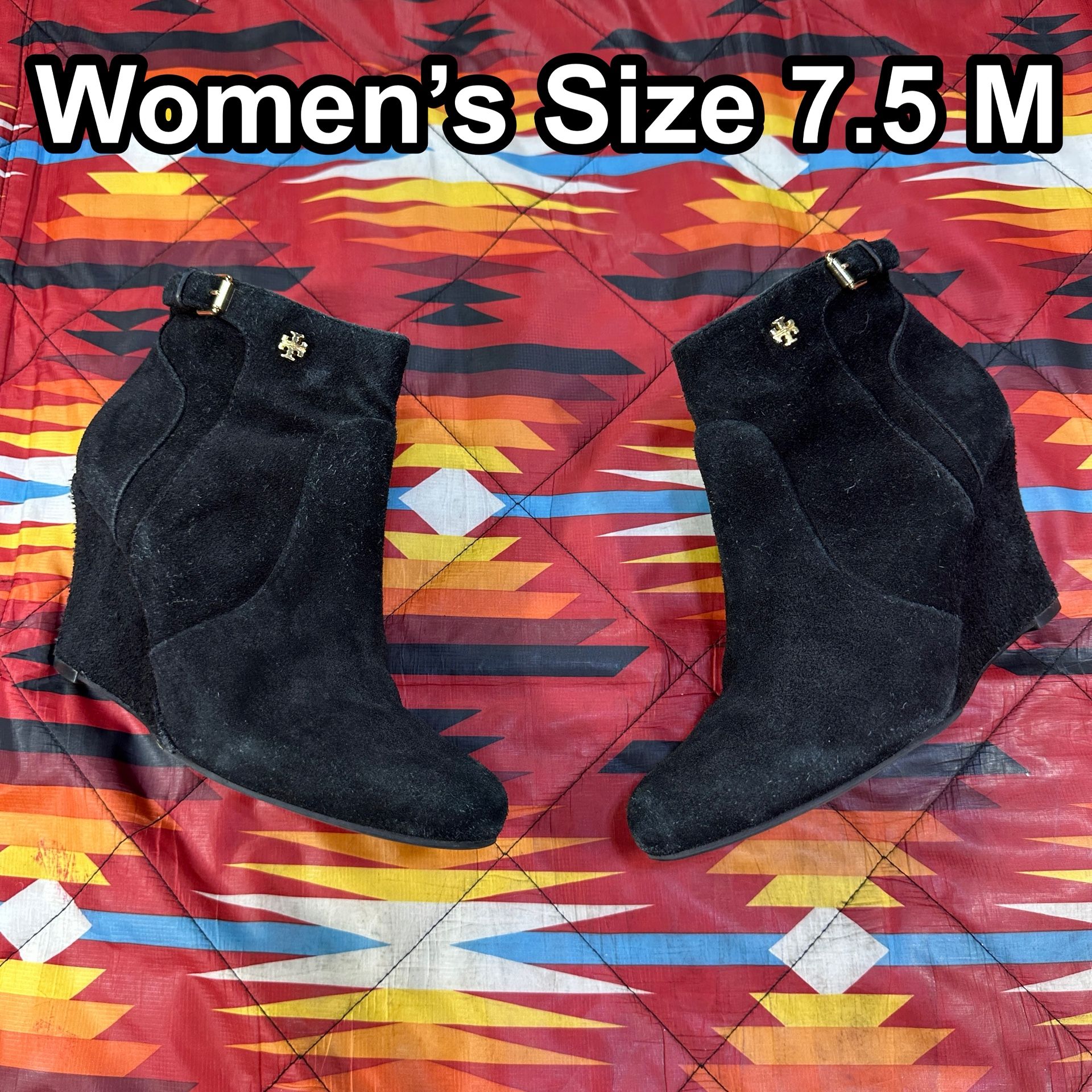 Tory Burch Bootie Wedge Suede Leather Black Bootie 7.5 M Women’s Ankle Boot