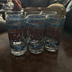 6 1970's VINTAGE PEPSI-COLA TIFFANY STYLE RAISED STAINED GLASS GLASSES
