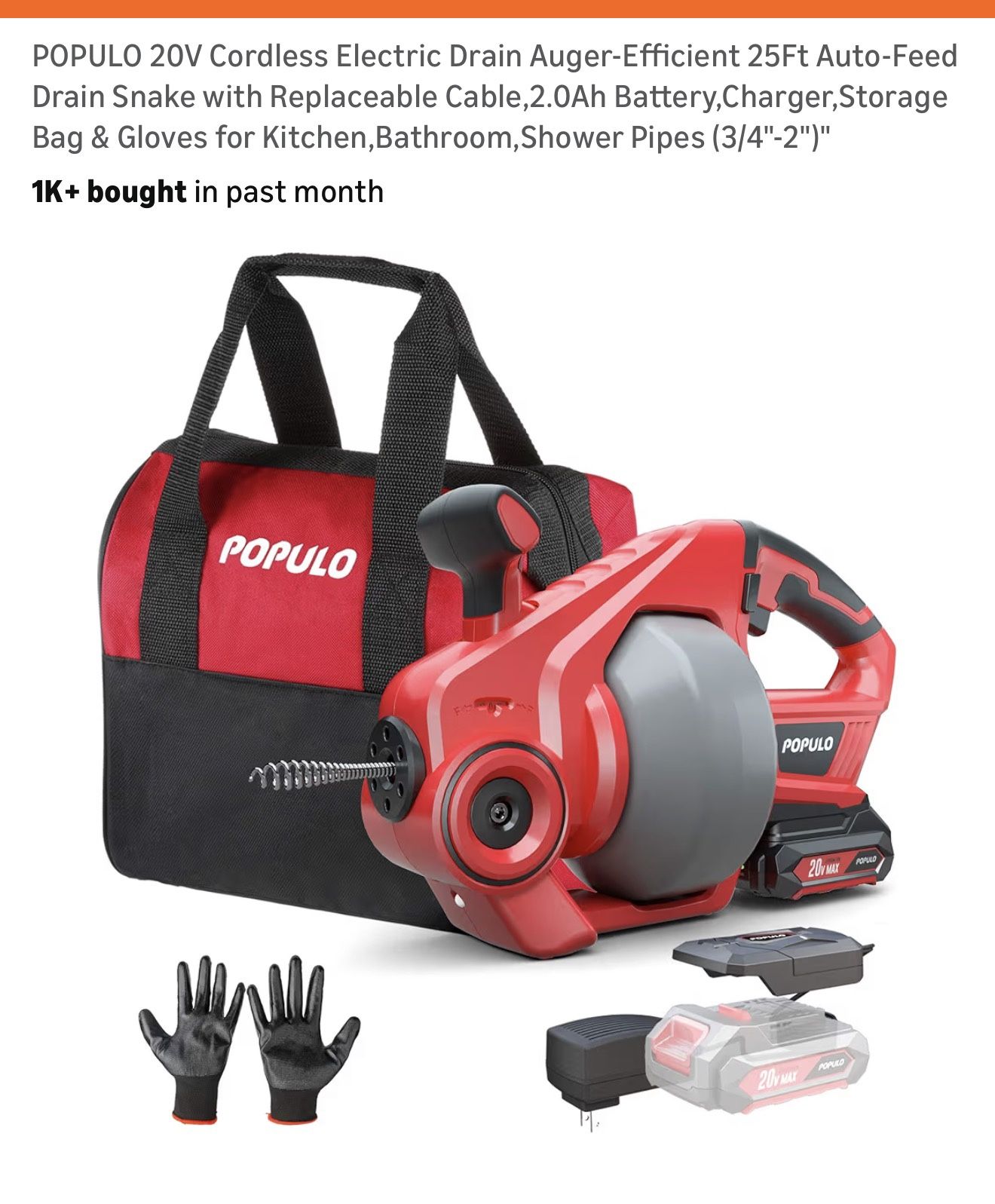 20V Cordless Electric Drain Auger-Efficient 25Ft Auto-Feed Drain Snake with Replaceable Cable,2.0Ah Battery,Charger,Storage Bag & Gloves for Kitchen,B