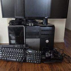Pc 3 Towers  Dell And Monitors Keyboards Router 