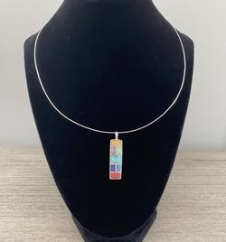 .925 Sterling Silver Multicolor Inlay Thailand Pendant & 18" Omega Italy Chain