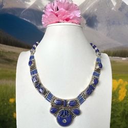 Stunning Vintage Handcrafted Ethnic Tribal Theme Pendant Necklace Inlay Lapis & Silver 18”inch & 132grams