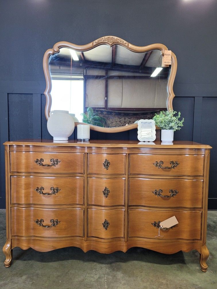 French Provincial Style Walnut Dresser With Mirror