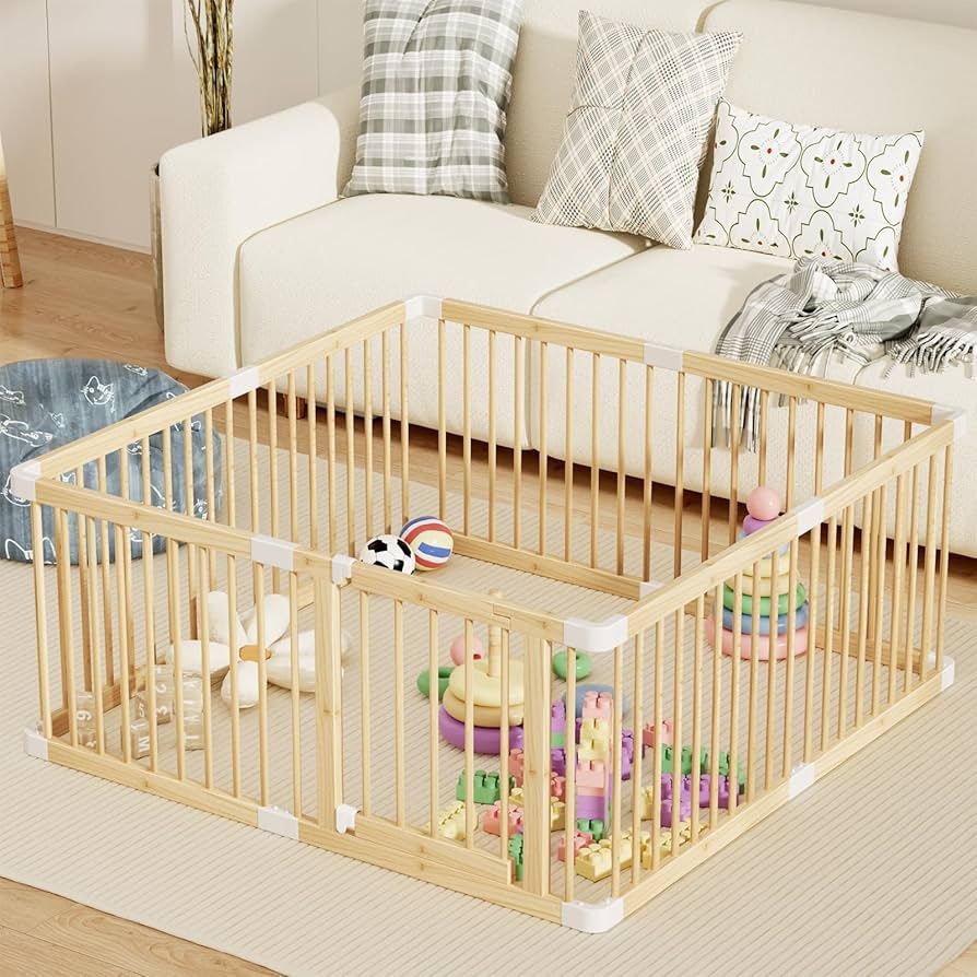 Large Wooden Baby Playpen, Adjustable Gate for Toddler and Babies, Sturdy Fence Baby Play Yard with Door, Portable Safe Play Area Kids Activity Center