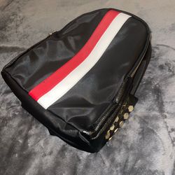 Nylon Mini Backpack Purse Black with Red White Stripe Gold Rivet Accents Travel