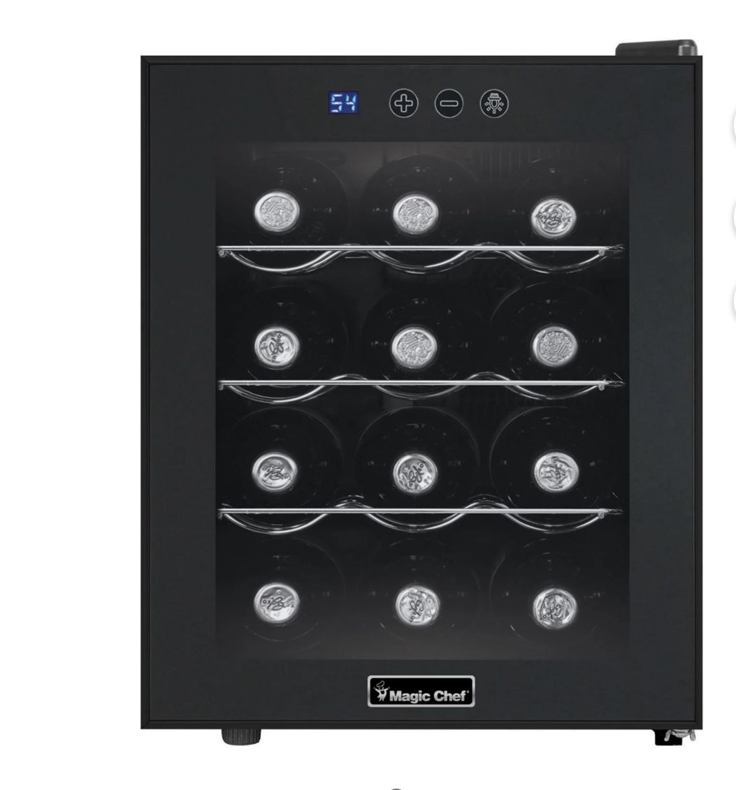 Magic Chef 12-Bottle Single-Zone Wine Cooler in Black- Doesn’t Include Chrome Shelves