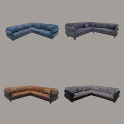 NEW 9x9ft SECTIONAL COUCHES,  VELVET BLACK, Chocolate,  GREY FABRIC/ WHITE LEATHER/ More Color Fabric Available. 
