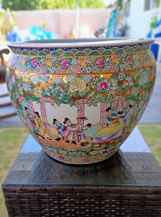 Huge Vintage Chinese Porcelain Enamel Famille Rose Koi Fish Bowl Planter Vase Cachepot Flowers