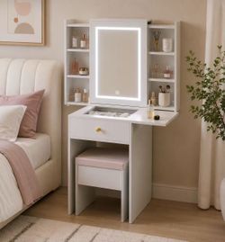 ✨ Modern White Vanity Desk with LED Mirror & Storage | Makeup Vanity Set with Stool