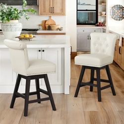 26'' Swivel Bar Stools Set of 2, Upholstered Barstool with Footrest for Kitchen,White-Faux Leather