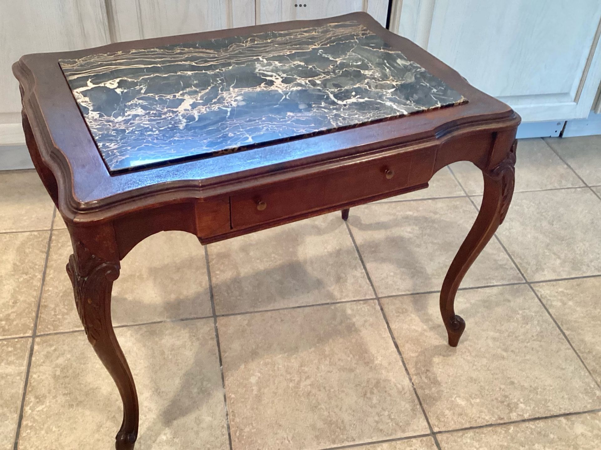Antique Black Marble Insert Accent Coffee Table Solid Wood 2 Drawers French Style