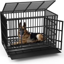 38 inch Heavy Duty Indestructible Dog Crate, Escape Proof Dog Cage Kennel with Lockable Wheels,High Anxiety Double Door Dog Crate,Extra Large Crate In