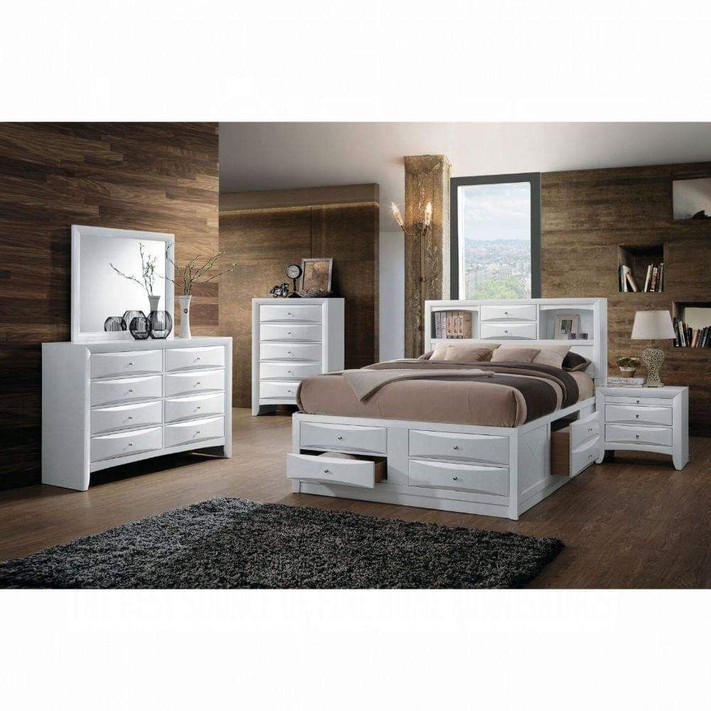 WHITE FINISH QUEEN SIZE STORAGE BED DRAWERS BOOKCASE HEADBOARD