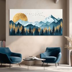 SLYCAY Large Golden Sun Canvas Wall Art Prints, Abstract Green Mountain Landscape Wall Decor Aesthetic Boho Blue Forest Bird Painting Pictures Modern