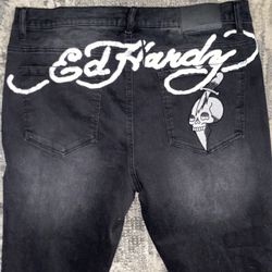 Ed Hardy Mens Black Denim Jeans Size 36 NEW NWT Slim Taper Fit Skull Patch