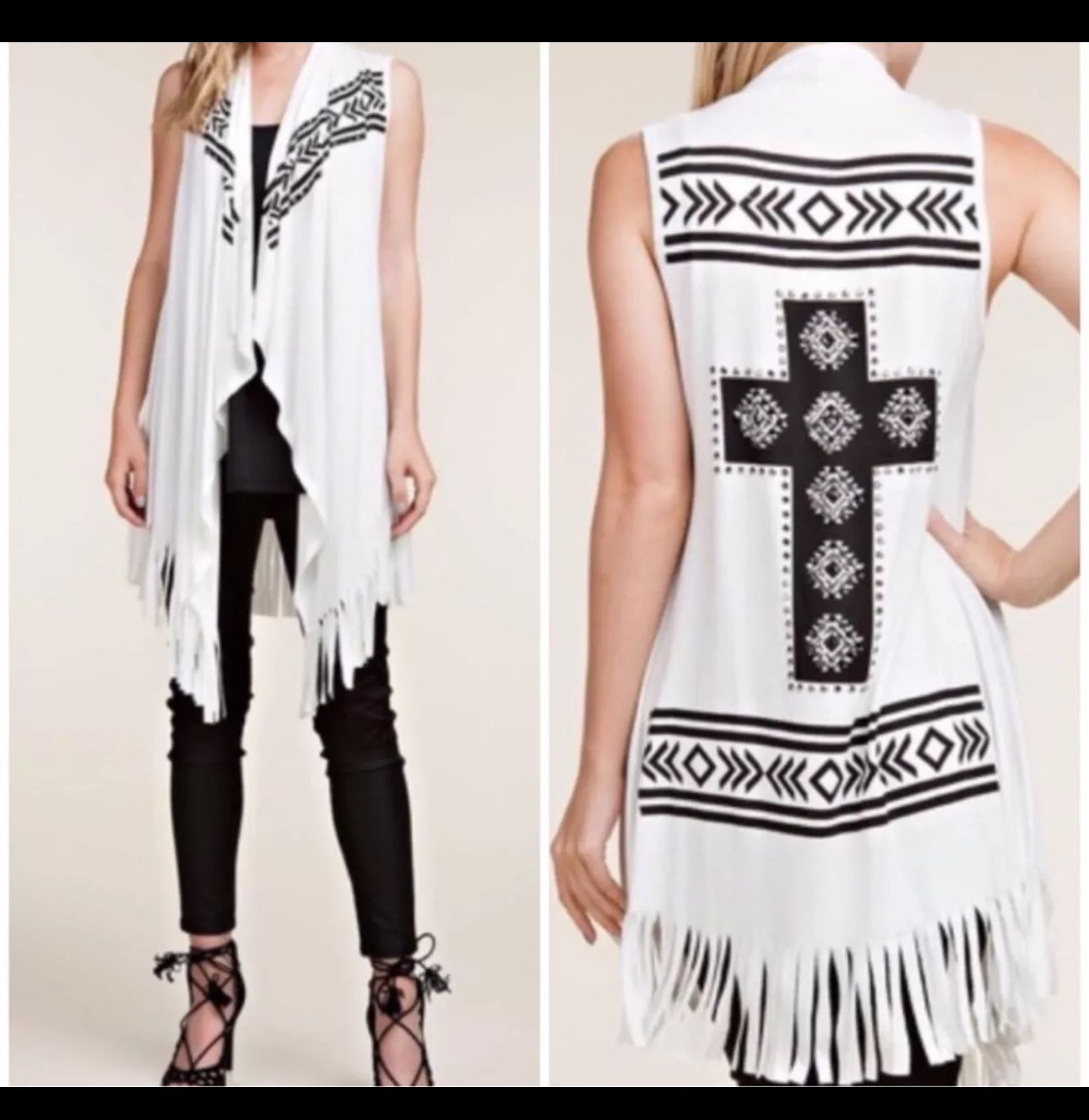 VOCAL Cross Rhinestone Fringe Open Front Long Vest White M