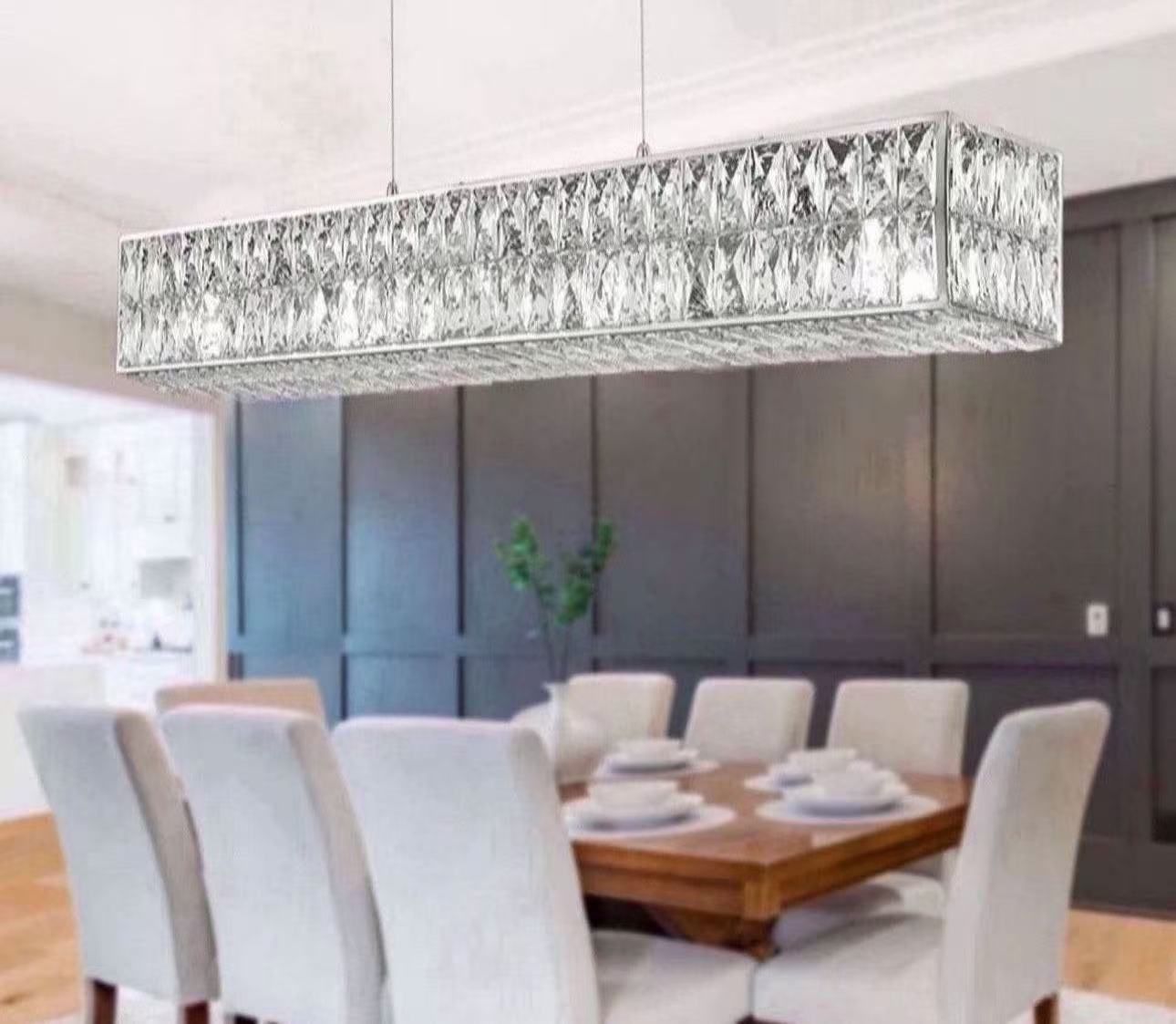 Crystal Chandeliers with Stainless Steel in Chrome, Large Rectangular Pendant Light for Kitchen
