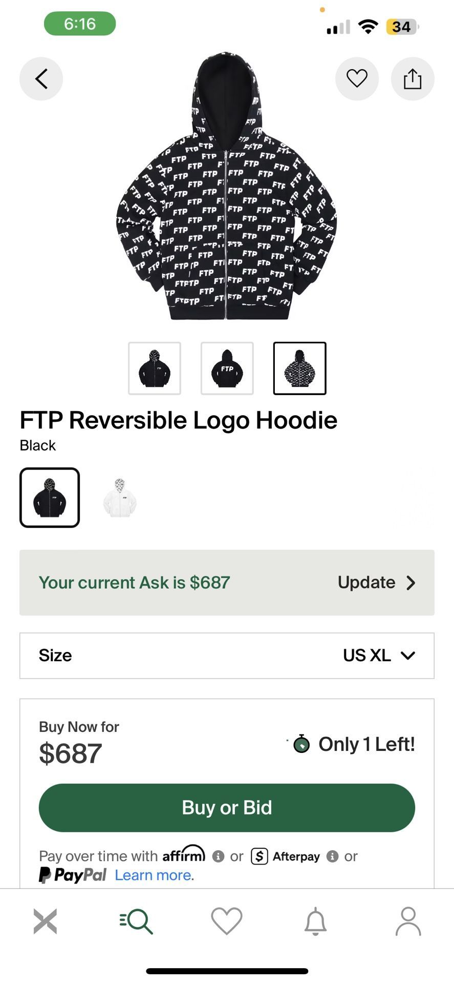 FTP Reversible Logo Hoodie Size XL