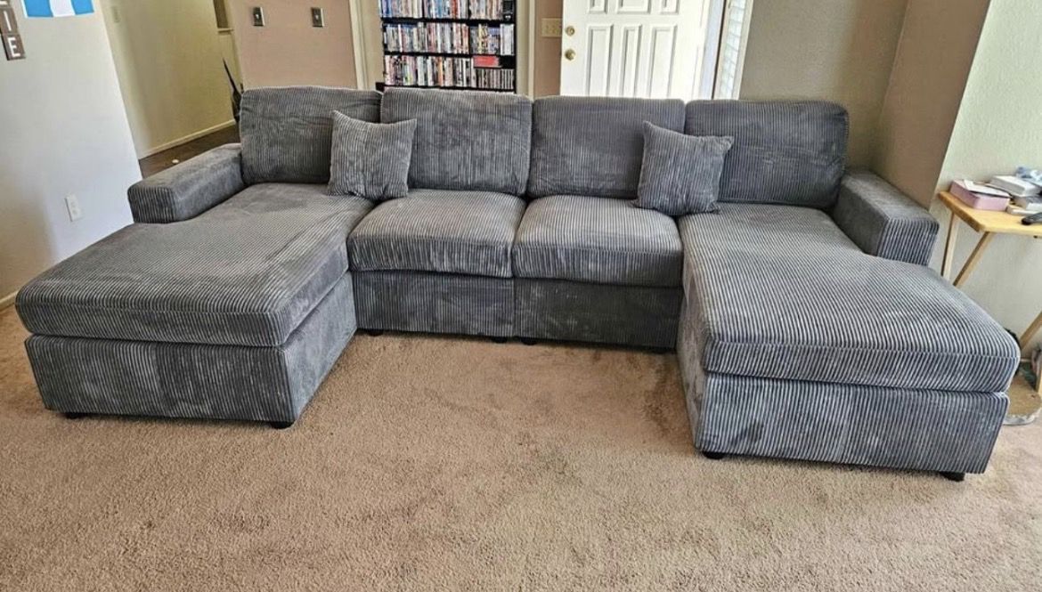 Brand new fog color corduroy Sectional Sofa with double chaise and two accent pillows. (Same day pick up/delivery)