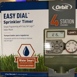 Sprinkler TIMER New In Box (4) Station ORBIT BRAND Easy Dial Sprinkler Timer with “Easy-Set Logic for Indoor Mount