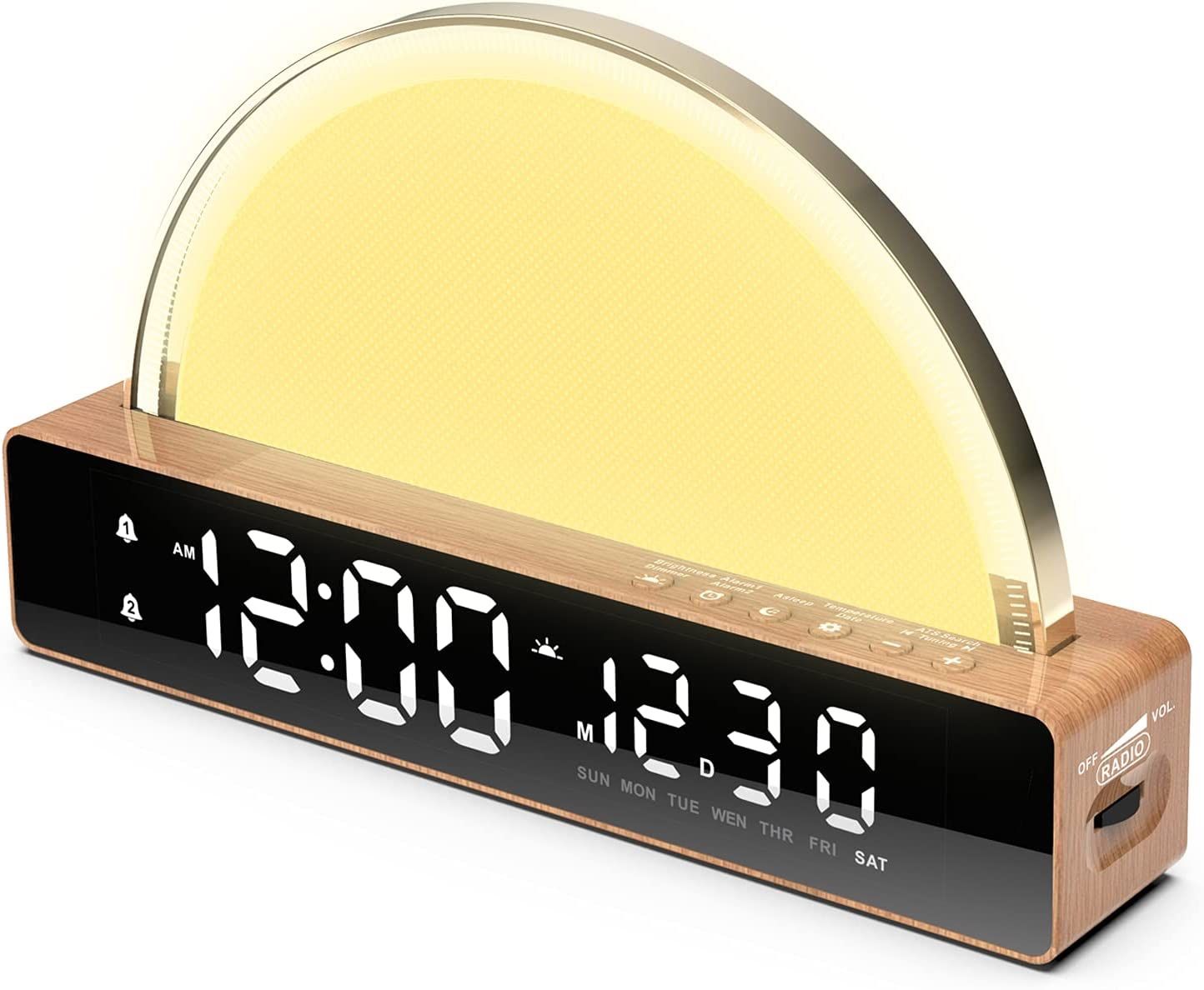 Sunrise Alarm Clock, SinFoxeon Clock Radio Wake Up Light with Simulated Sunrise Touch-Changed Dynamic Atmosphere Light 6 Natural Sounds 7 Color Sleep 