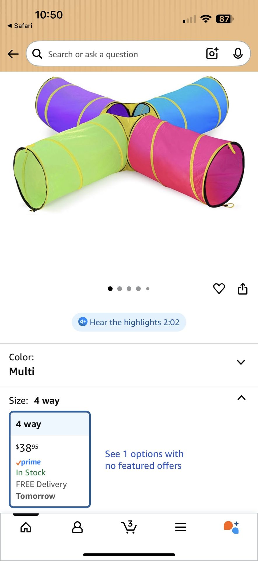 Multiple color hide n slide 4way tunnel