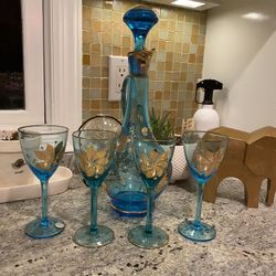 Vintage 5 Pieces Blue Glass Decanter Set 