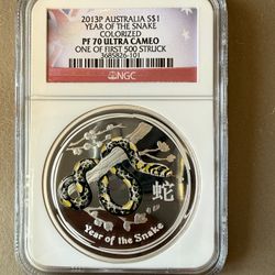 2013P 1oz NGC PF70 ULTRA CAMEO AUSTRALIA YEAR OF THE SNAKE COLORIZED SILVER COIN