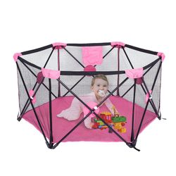 Folding Baby Portable Playard - Lightweight Mesh Baby Playpen with Carrying Case - Easily Opens, Washable 6-Panel-Pink for Indoor and Outdoor Use