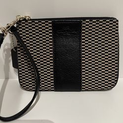 Coach Black Khaki Wristlet Pouch Bag Leather Cloth Brass Gold