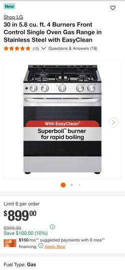 Single Oven Gas Range in Stainless Steel 30 in 5.8 cu. ft.