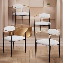Set of 4pcs ,Modern Boucle Dining Chairs with Upholstered Backrest, White Arm Chairs Set 