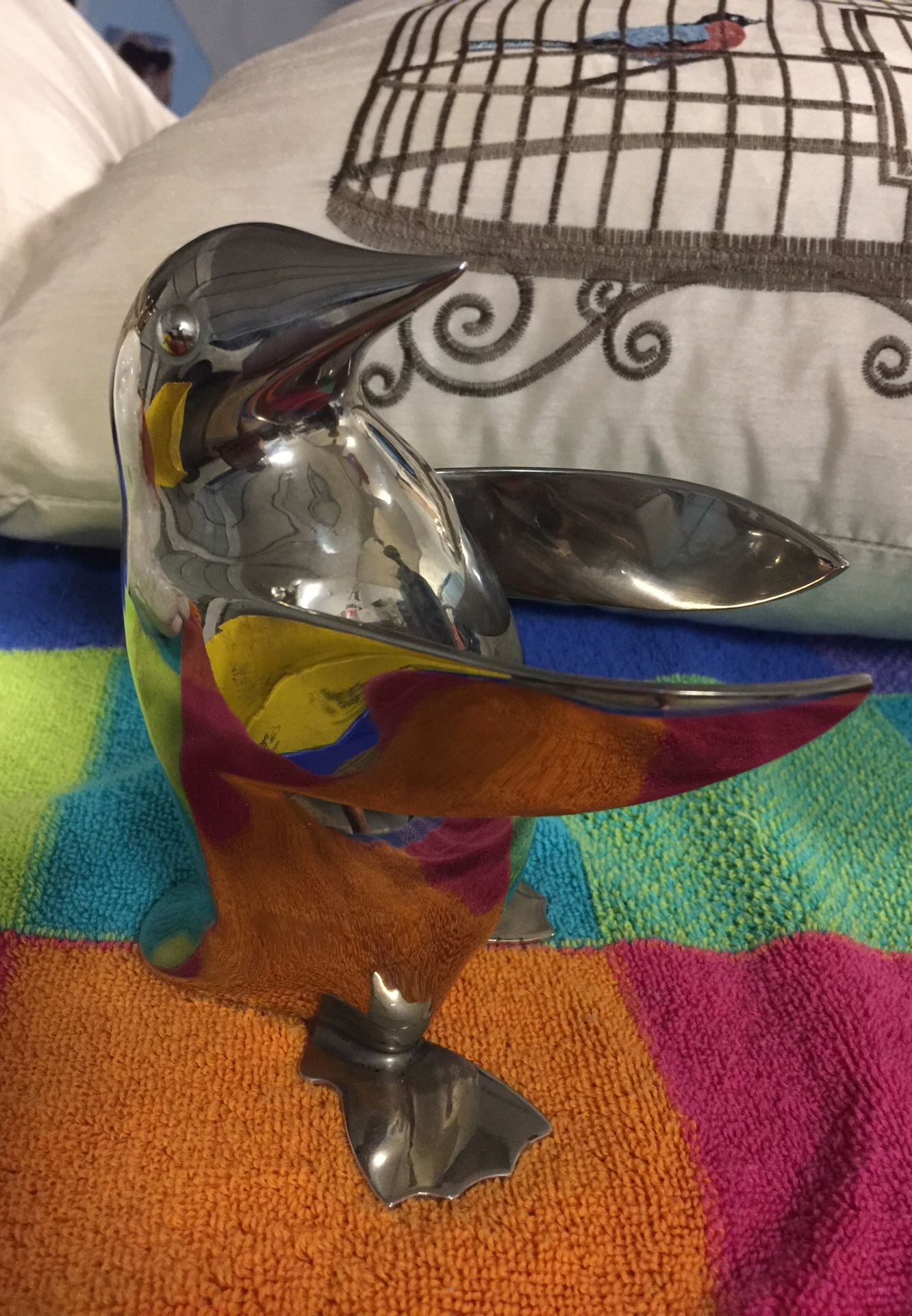 Restoration Hardware silver penguin statue. May be wine bottle holder