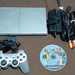 Playstation 2 PS2 Slim Sliver Console With Controller And Game.  Works 