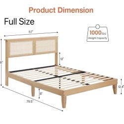 Rattan Bed Frame Full with Natural Rattan Headboard,Bohemian Rattan Bed Frame with LED Lights,Solid Wood Foundation with Silent Slats
