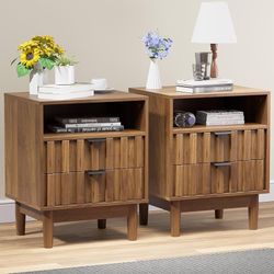 Fluted Nightstand Set of 2 with 2 Drawers, 19" Wide Night Stand with Solid Wood Legs, Open Storage Shelf, Mid Century Modern Wooden Bedside Table for 
