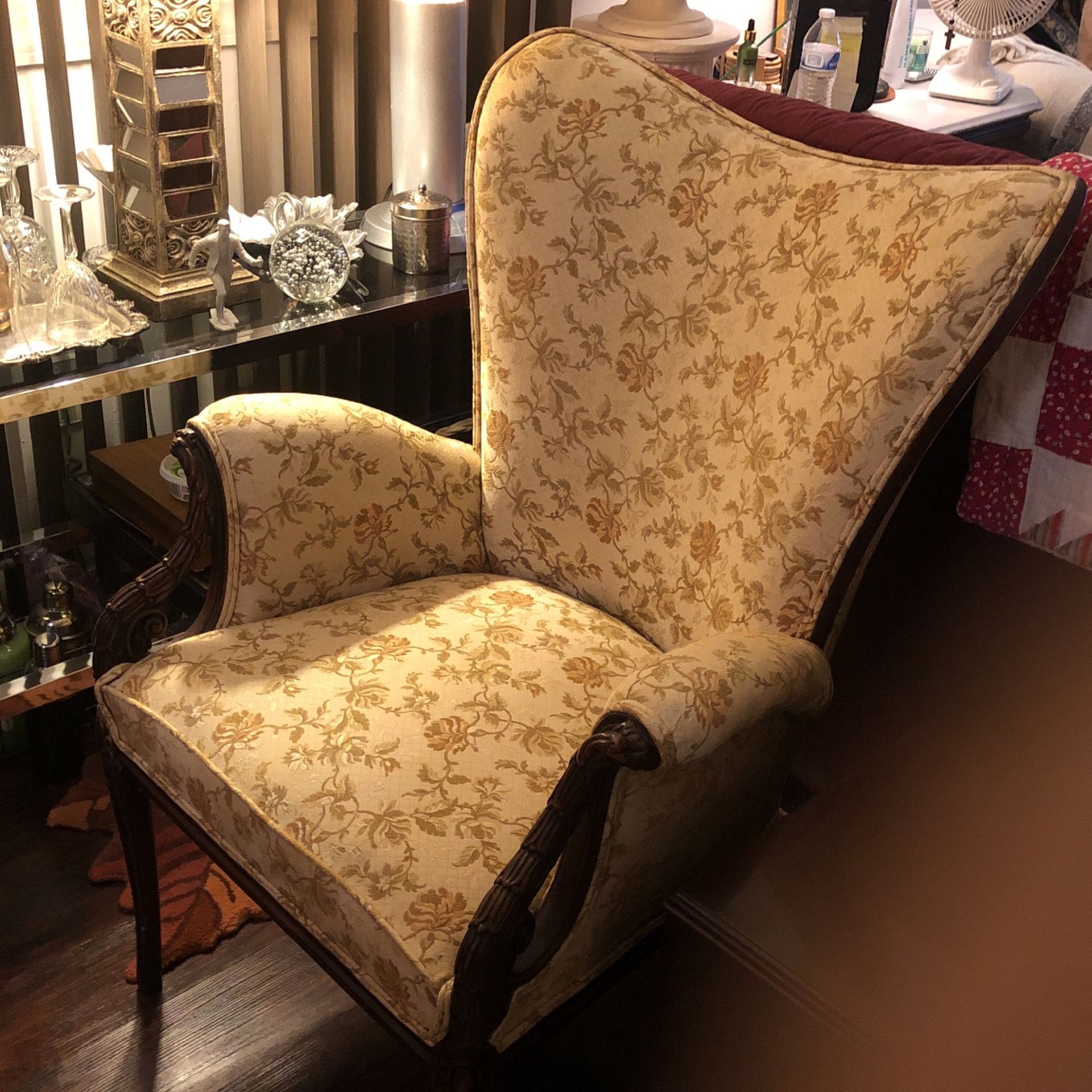 Recently recovered Antique Chairs . One Chair Has A Damaged /repaired Back Leg .