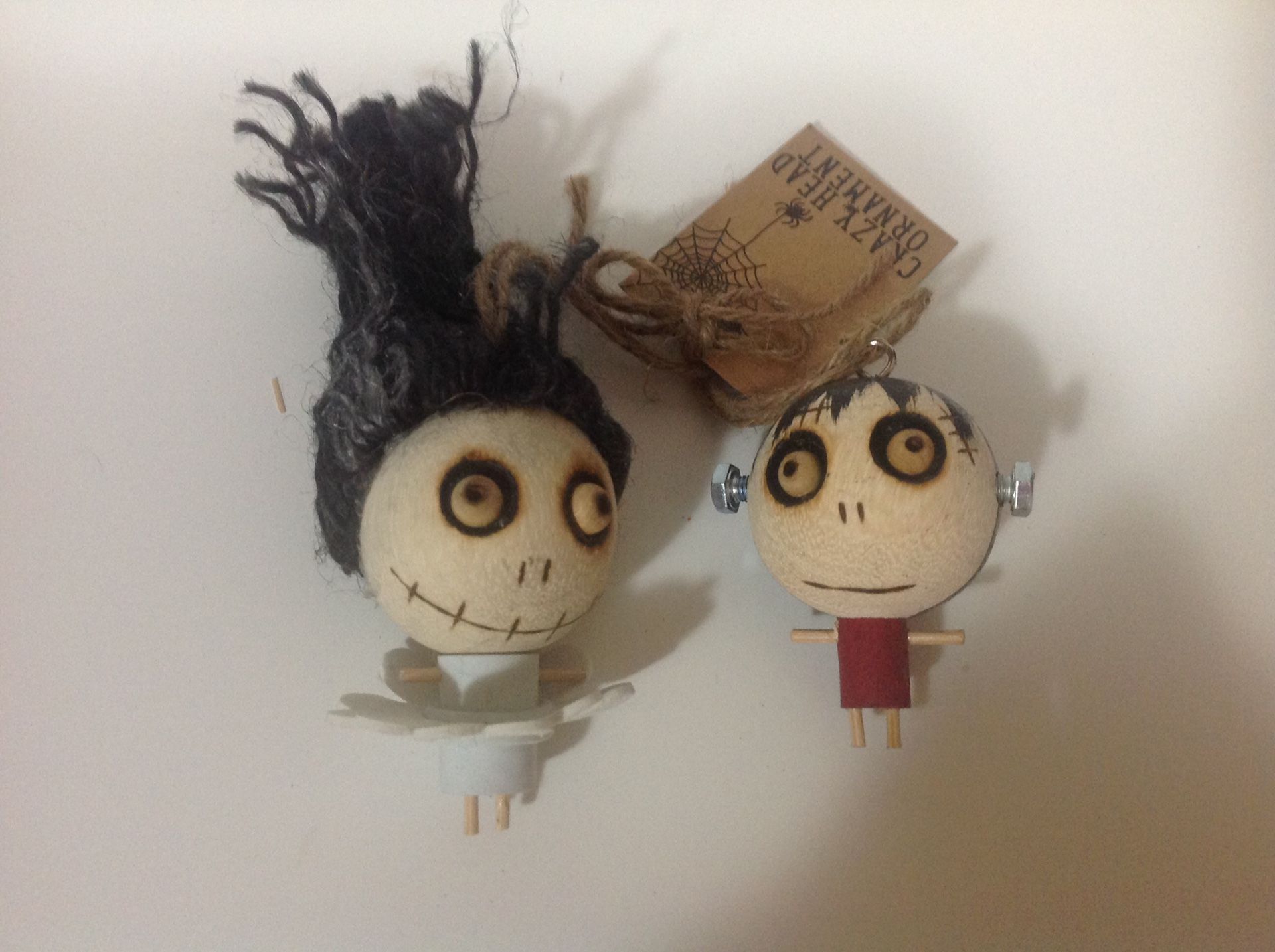 Halloween Frankenstein & Bride Of Frankenstein "Crazy Head" 3D Wood Ornaments Set Of 2 New With Tags