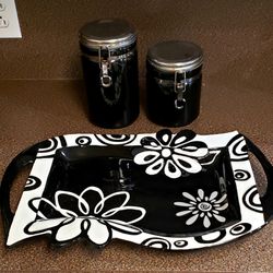 Hobby Lobby Ceramic Decorative Tray & Black Canisters 