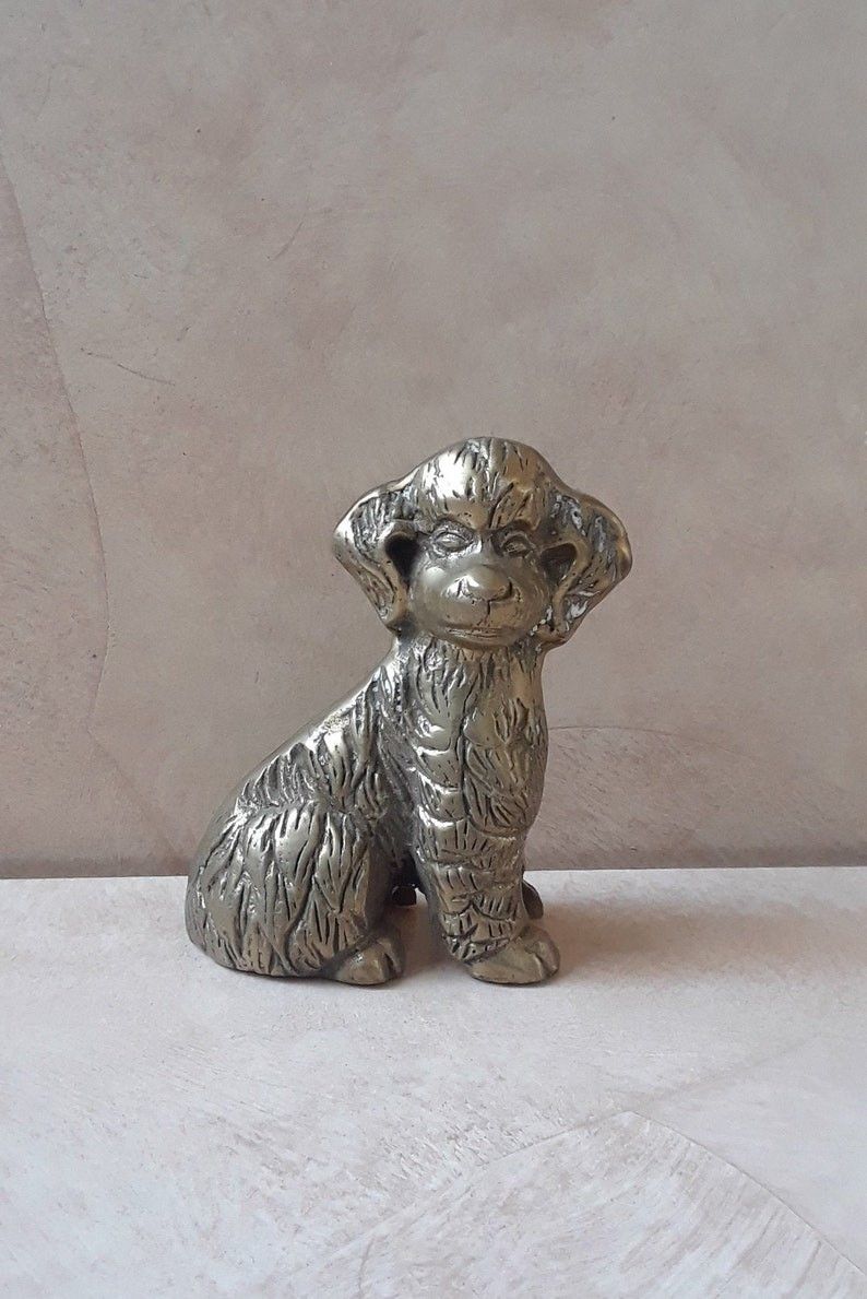 Vintage Brass Sitting Poodle Figure, 4" Brass Dog Figurine, Metal Poodle Dog Sculpture