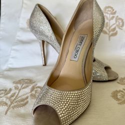 Rare - Jimmy Choo Suede Crystal Silver Peep-Toe Heels Size 38