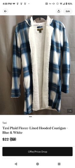 Taxi Plaid Fleece-Lined Hooded Coatigan - Blue & White