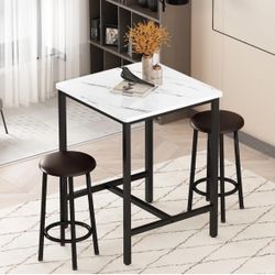 3 Pieces Bistro Dining Set for 2, Kitchen Square Breakfast Table Set, Bar Table White Faux Marble Top, E-12