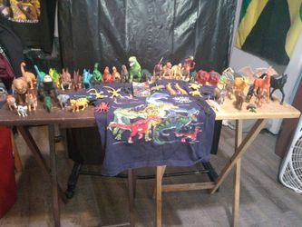 Various Plastic Dinosaurs 🦕 and Jungle Animals and Farm Animals and a kid Size 7 Dinosaur T-SHIRT.
