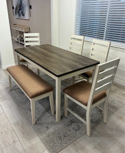 Farmhouse Dining Table Set with Bench and 4 Chairs