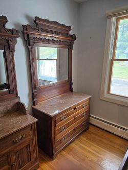 Antique Eastlake Victorian Marble-Top Dresser & Washstand Set