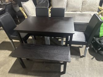 6 PCs Dining Room Set, Dark Brown Dining Table , 4 Black Chairs and Bench