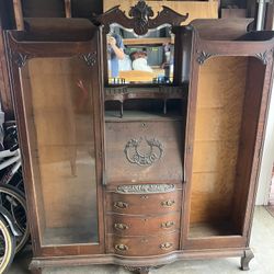 Tiger Oak Antique double secretary missing one glass