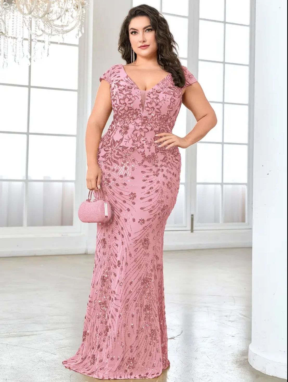 Plus Size Floral Pattern Sequin Dress