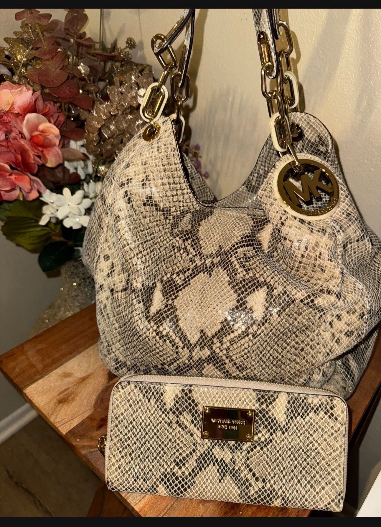 Michael Kors Fulton Angora Python Embossed Medium Chain Hobo Bag, with wallet WITH DUST BAG